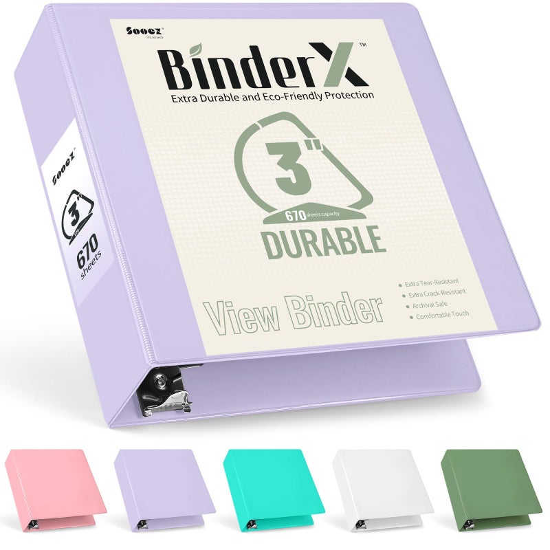 سويز مجلد Sooez BinderX فائق المتانة مقاس 3 بوصات و3 حلقات، مجلدات كبيرة على شكل حرف D، تحمل 670 ورقة من ورق مقاس 8.5 × 11، غطاء عرض قابل للتخصيص مع جيبين داخليين، مستلزمات المدرسة والمكتب، لافندر - Image 1